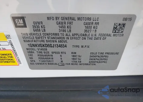 2016 Chevrolet Traverse 1Lt z USA, uszkodzony, nr VIN 1GNKVGKD6GJ134834